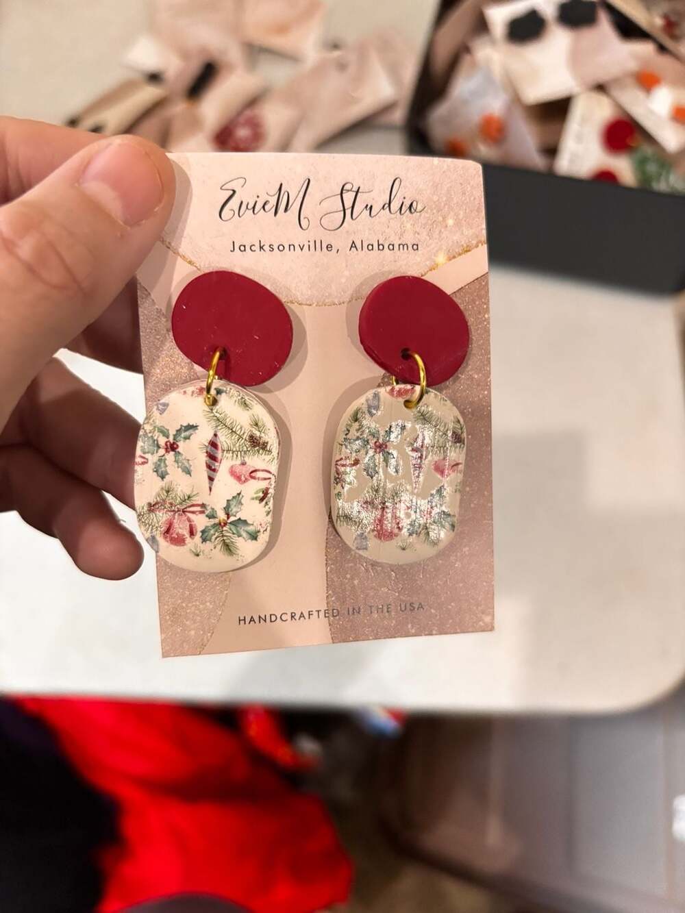 EvieM Studio Handcrafted Christmas Holiday Print Dangle Earrings